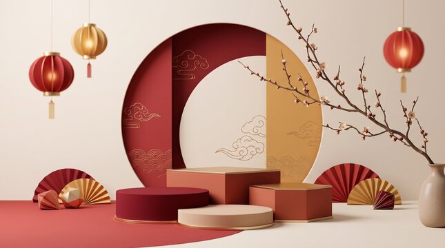 Round display platform with red lanterns and folding fans for traditional holiday sales.