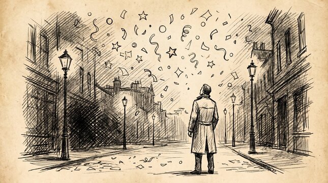 nostalgic art techniques, a nostalgic sketch of confetti swirls on warm sepia-toned paper