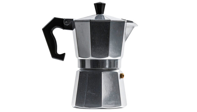 A classic octagonal aluminum mocha maker with a black handle, isolated on transparent background