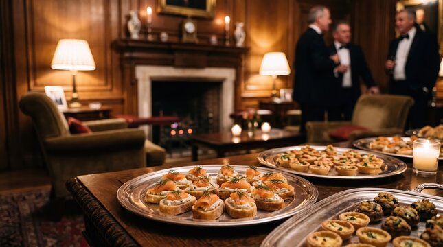 culinary presentation, elegantly arranged canaps on a refined table, exuding warmth and texture