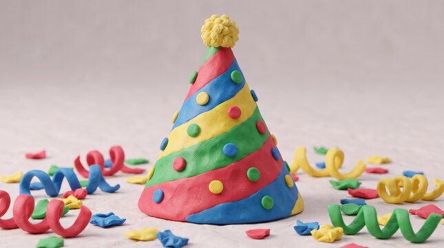 celebration accessories, a joyful claymation party hat in vibrant colors with playful textures