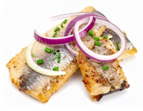 Tasty fried herring with onion white background
