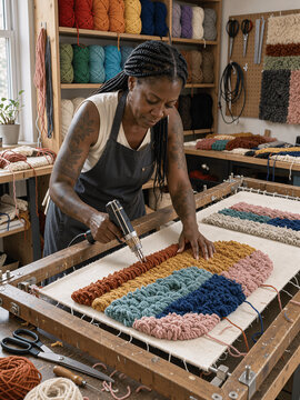 Textile Artisan Using an Electric Tufting Gun to Create a Colorful Handmade Rug