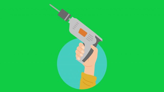 Hand Holding Electric Drill Power Tool - Animated Icon, Animation 2D, Motion Graphic, Looping Smooth, Canal Alpha Greenscreen, High Quality 4K
