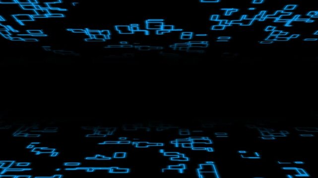Blue monochrome pixelated matrix corridor creates a retro digital tunnel tron background, ideal for technology posters, gaming graphics, cybersecurity presentations, wallpapers, and sci-fi designs.