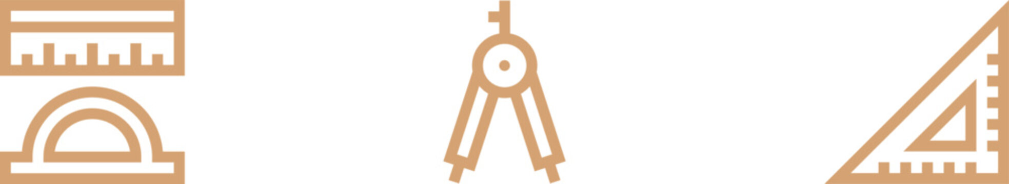 Architectural drafting tools including compass ruler and triangle square featuring brown stroke linework on white background