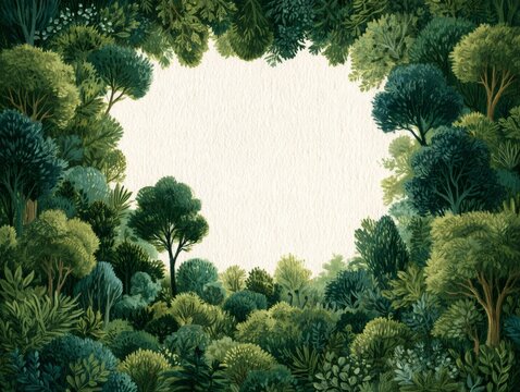 Hand painted watercolor view of a lush green forest clearing, framed by dense trees, leafy branches, and colorful shrubs with blank space in the center.