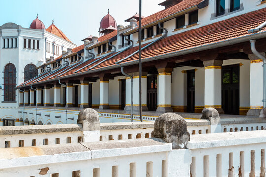 Lawang Sewu Historic Dutch Colonial Architecture with Red Roofs and White Stone Courtyard Railings in Semarang Indonesia