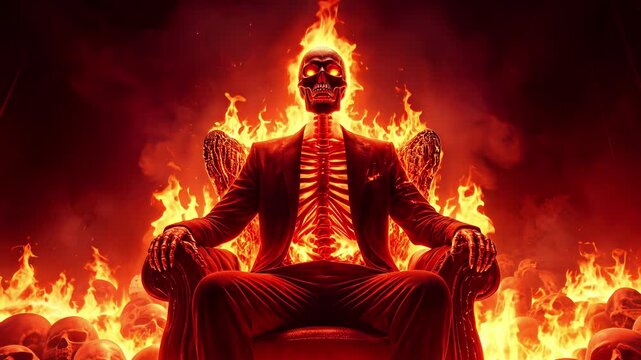 Flaming skeleton in business suit sitting on throne surrounded by human skulls. Dark fantasy concept of underworld ruler. Tilt up camera movement.