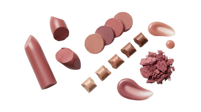 Various Shades of Lip Products and Makeup, featuring lipstick, blush, cosmetics, beauty, lip gloss, powder, cream, highlighter, beauty tools, cosmetic application