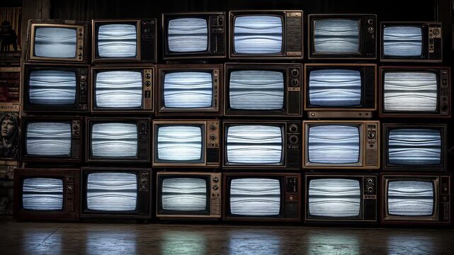 Vintage television wall displaying static and hypnotic spiral patterns. Retro media concept with flickering CRT screens. Static wide shot.