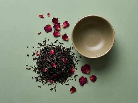 Loose leaf black tea with dried rose petals and bowl