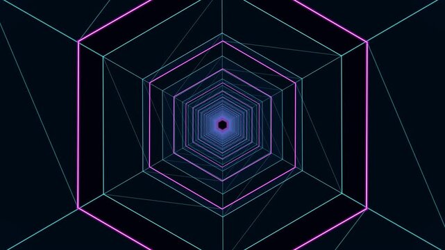 Abstract Hexagonal Tunnel Loop with Neon Lights and Geometric Patterns.