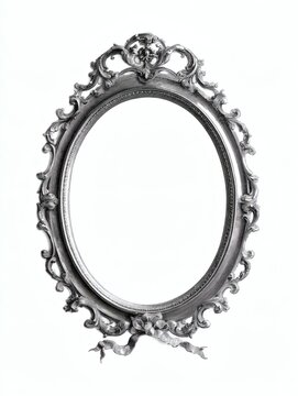 Ornate vintage oval mirror frame with dark carved trim, lace edging, and decorative bows, isolated on a clean white background