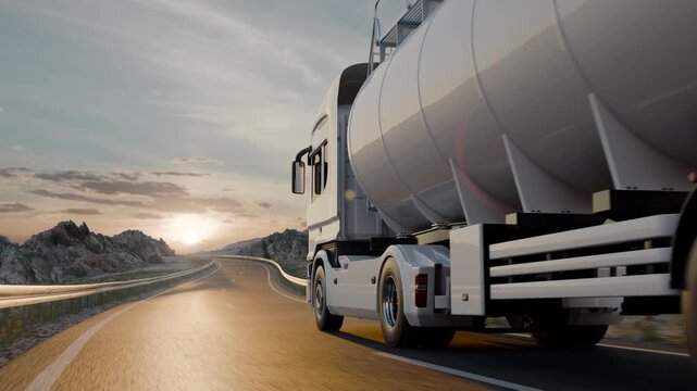 A white semi truck hauling a cylindrical tank trailer passes close to a low roadside camera and continues along a winding asphalt road toward the setting sun in a rocky desert landscape.