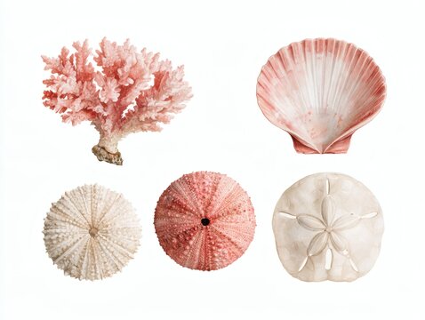 Top view collection of pink coral, scallop shells and sea urchin shells arranged on a clean white background.