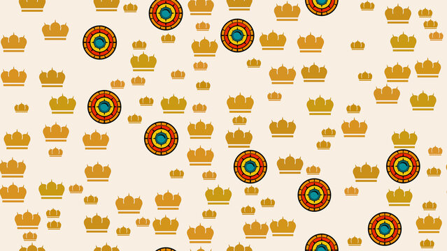 Pattern of Golden Crowns and Colorful Circular Emblems