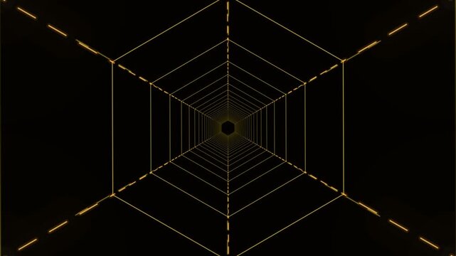 Abstract Hexagonal Tunnel Loop with Glowing Lines and Dark Center.