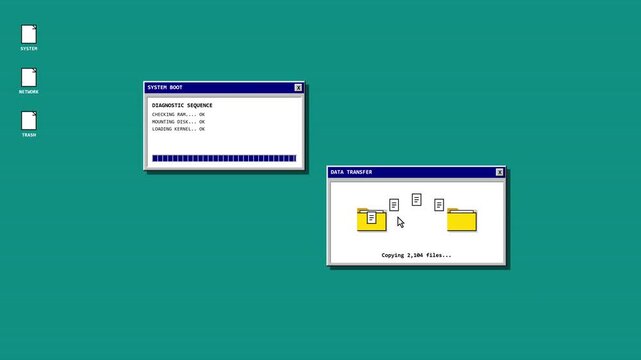 Retro computer desktop interface animation featuring a vintage operating system boot sequence and file transfer dialog boxes.