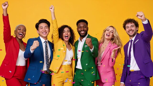 Excited multiethnic business team in colorful suits celebrating with falling confetti. Diverse professionals cheering together against yellow background. Panning and tilting camera movement.