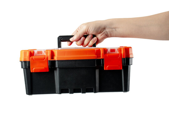 Toolbox; black toolbox held in hand; toolbox against a transparent background.