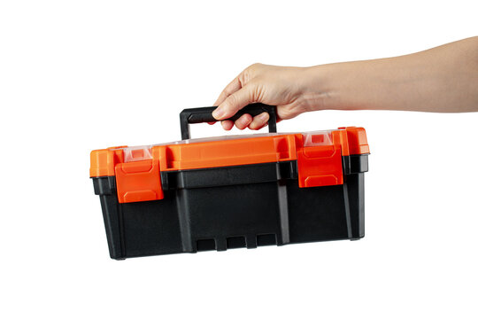 Toolbox; black toolbox held in hand; toolbox against a transparent background.
