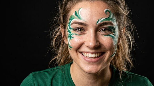 Woman smiling with green face paint swirls against dark background