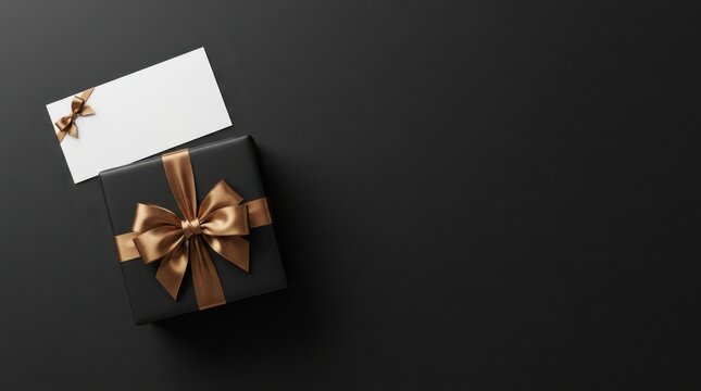 Elegant black gift box with a luxurious gold satin ribbon bow and a blank white card, top view on a dark background