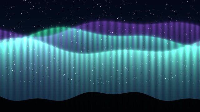 Aurora borealis northern lights loop, glowing green and purple light curtains dancing over a starry night sky and dark hills, calm ambient nature background