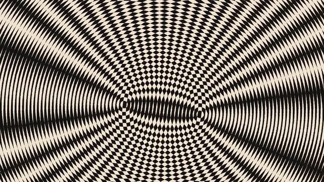 Op art moire pattern loop, black and white concentric rings interfering and shifting, hypnotic optical illusion, bold monochrome abstract background