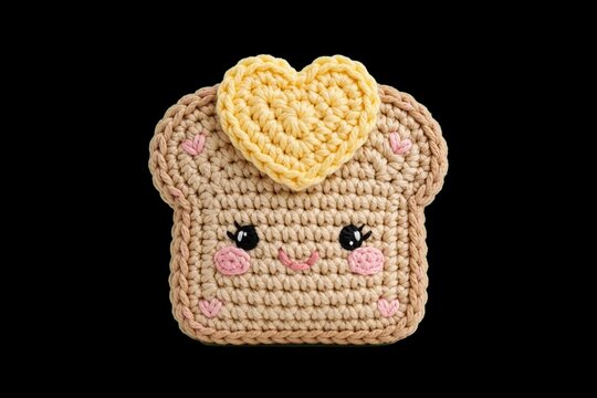 Handmade kawaii amigurumi crochet art of a smiling toast with a yellow butter heart, isolated on a solid black background. Adorable food character for nursery decor, Valentine's greeting, or breakfast