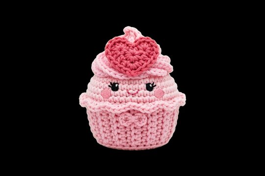 Handmade amigurumi crochet art of a smiling pink cupcake character with a heart on its frosting, isolated on black for Valentine's Day crafts and sweet celebrations.