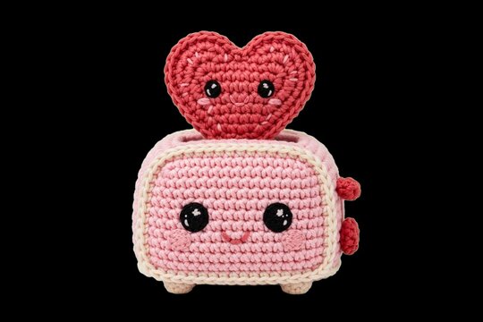 Handmade amigurumi crochet character of a smiling pink toaster popping out a red heart-shaped toast against a black background for a Valentine's Day romance and affection concept.