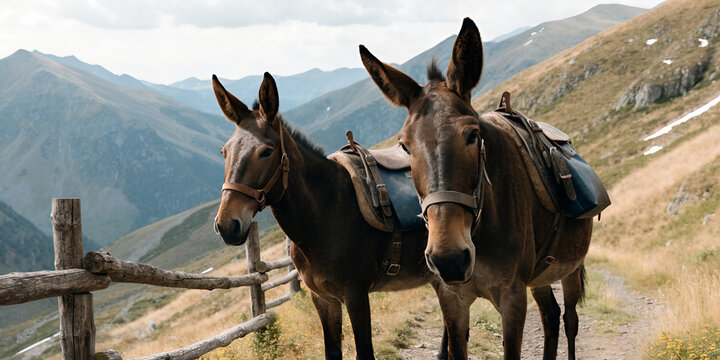 Two sturdy pack mules on a mountain trail beside weathered fencing