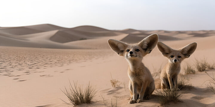 Two fennec foxes sit alert on pale desert sand at dawn