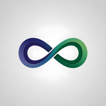 Dark blue and green infinity loop mark with glossy intertwined curves on a soft neutral background for a modern technology concept.
