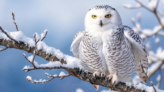 Vigilant snowy owl perching on snow covered branch in arctic wilderness landscape. Lockdown shot with slight vertical tilt.