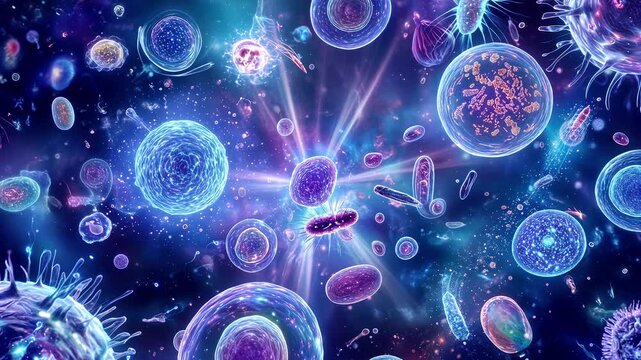 Microscopic universe teeming with luminous cells and bacteria floating across deep blue space. Motion graphics video with glowing particle flares.