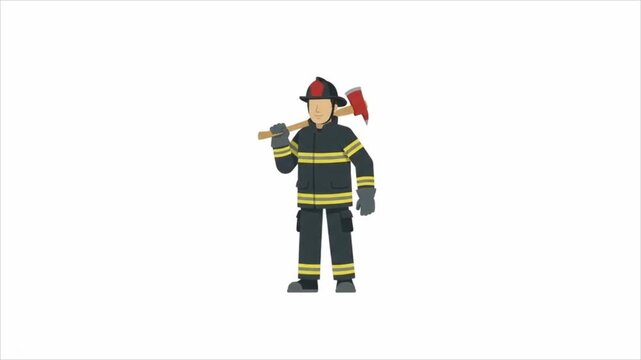 Firefighter holding an axe and wearing protective gear, standing on white background.