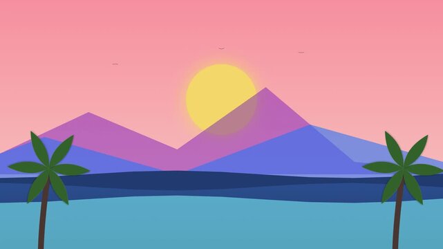 Stylized minimalist tropical sunset landscape with geometric mountains and twin palm trees gently swaying
