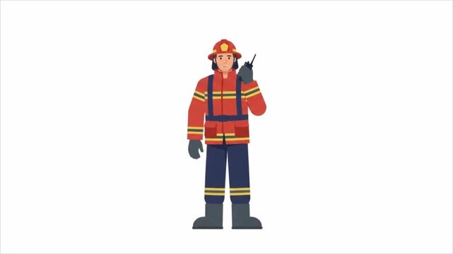 Animated firefighter using a walkie talkie radio, flat design for emergency services.