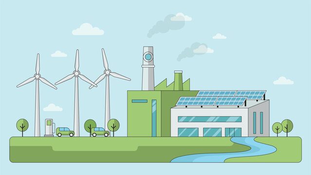 Green renewable energy plant with wind turbines, solar panels, electric cars, and clean power technology.