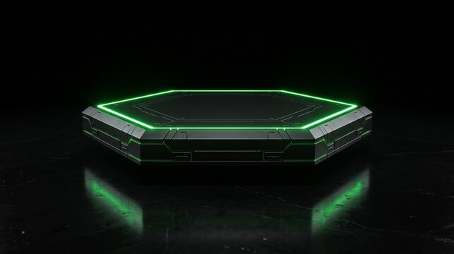Futuristic matte black hexagonal podium with neon green glow