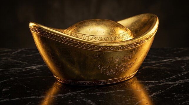 Flawless traditional Chinese solid gold ingot on black marble