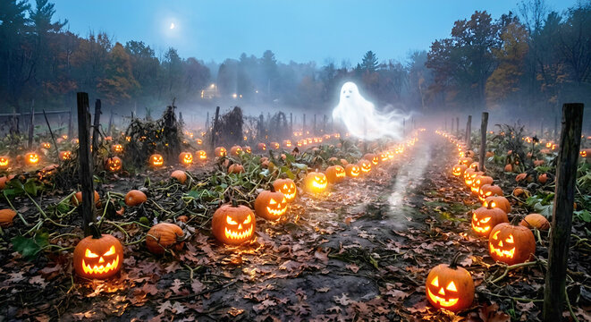 Spooky Halloween pumpkin patch at night with a glowing ghost flying over carved jack o lanterns.