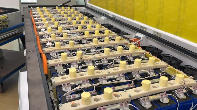 Battery technology inside an electric vehicle during assembly process in workshop. Electric vehicle battery for truck and buses. Lithium iron phosphate batterys, EV technologies. EV Manufacturing