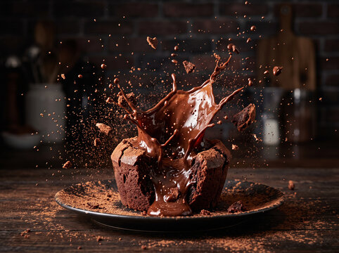 Chocolate fondant cake exploding with molten chocolate lava