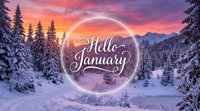 Hello January neon circle graphic overlay on a snowy forest landscape during a vibrant pink sunset.