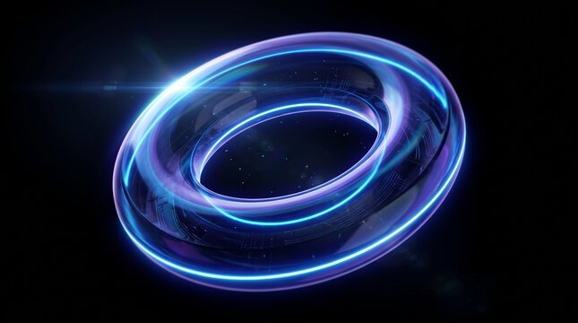 Abstract glowing neon blue torus ring on black background