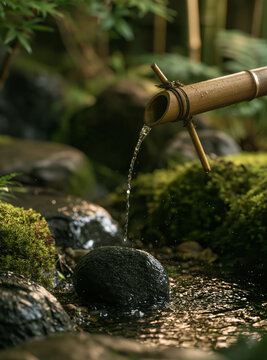 Traditional Japanese bamboo water fountain pouring clear water onto mossy stone in peaceful Zen garden for meditation and wellness concept.